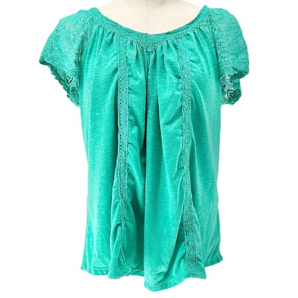 No Boundaries Blouse Juniors XL (15-17) Green Lace-Trimmed SS Poly Spandex Blend - Picture 1 of 10